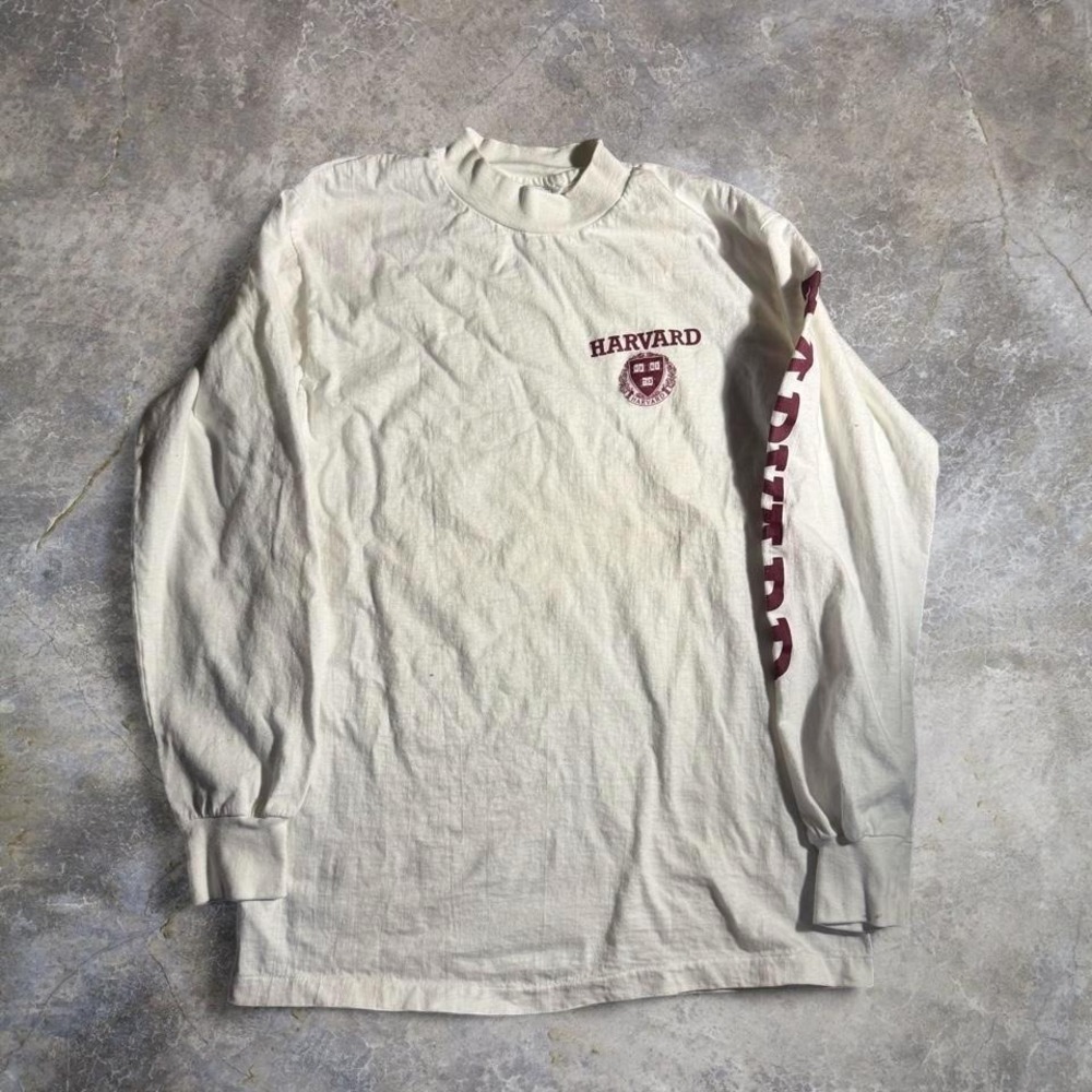 Vintage Harvard University Mock Neck Long Sleeve Shirt‎ Made USA White College T
